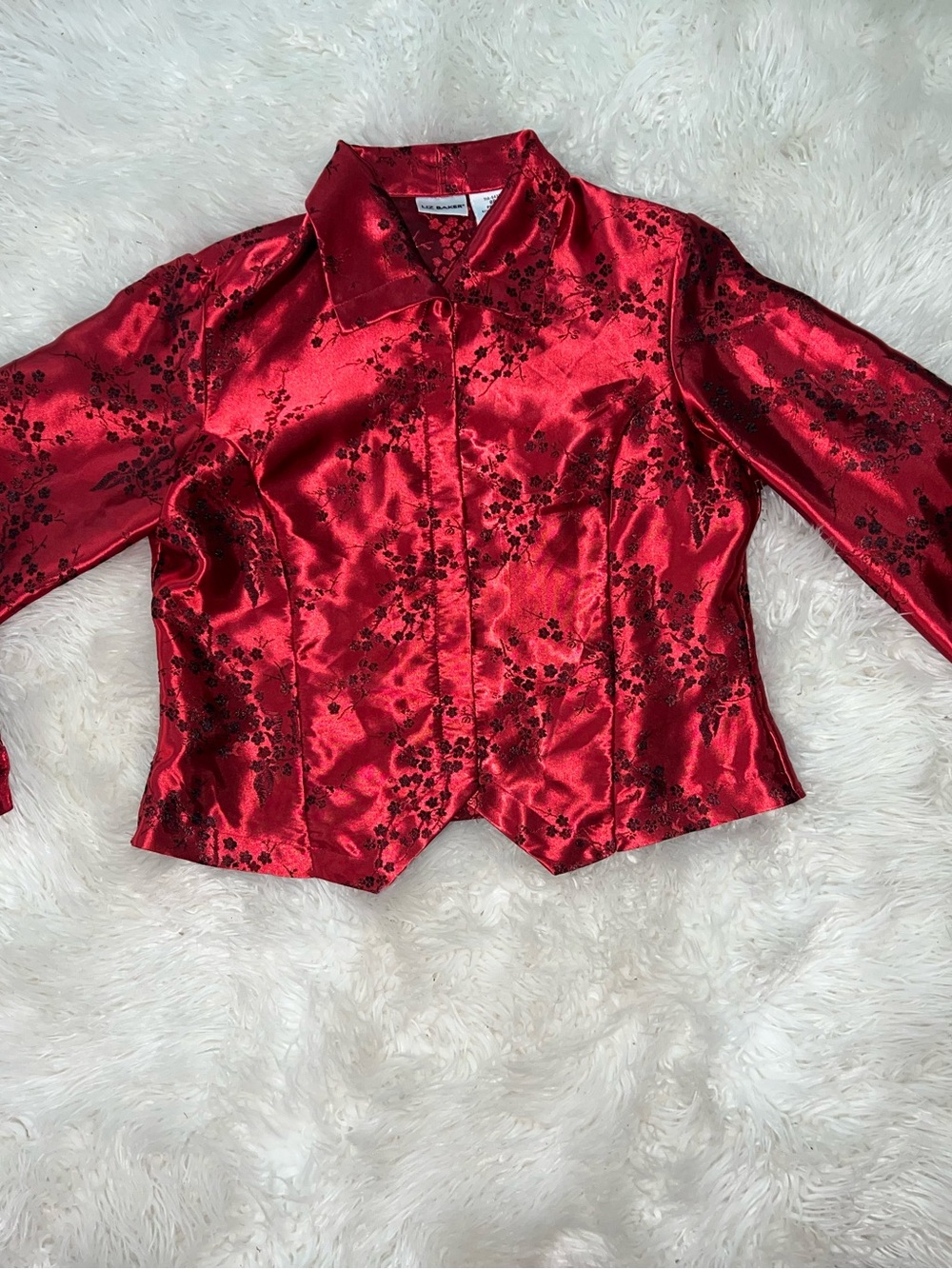 Vintage Liz Baker Red Jaquard oriental print shirt jacket floral collared Size 8